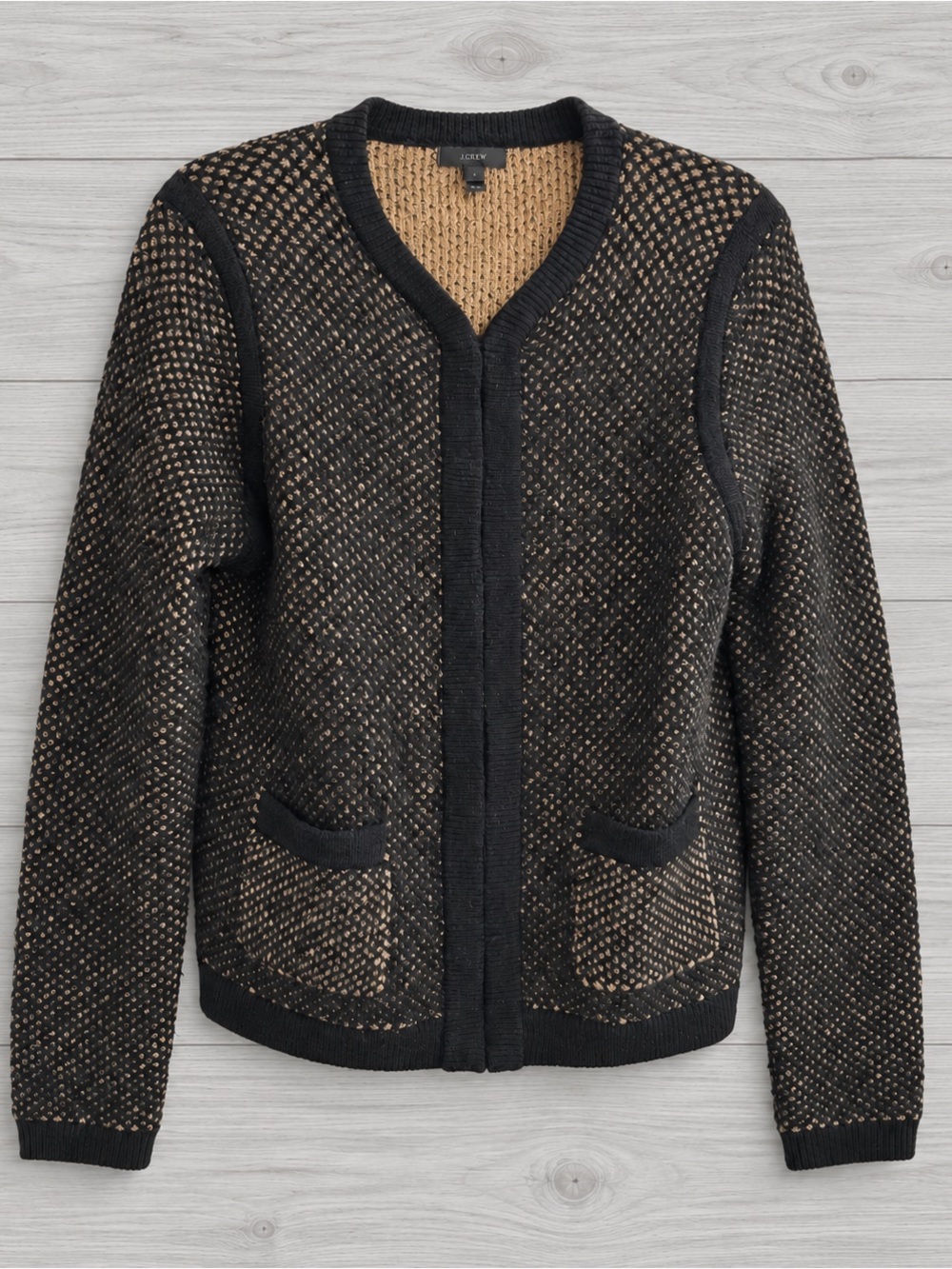 J.Crew Classic Wool Blend Textured Cardigan Jacket Black Tan Size M